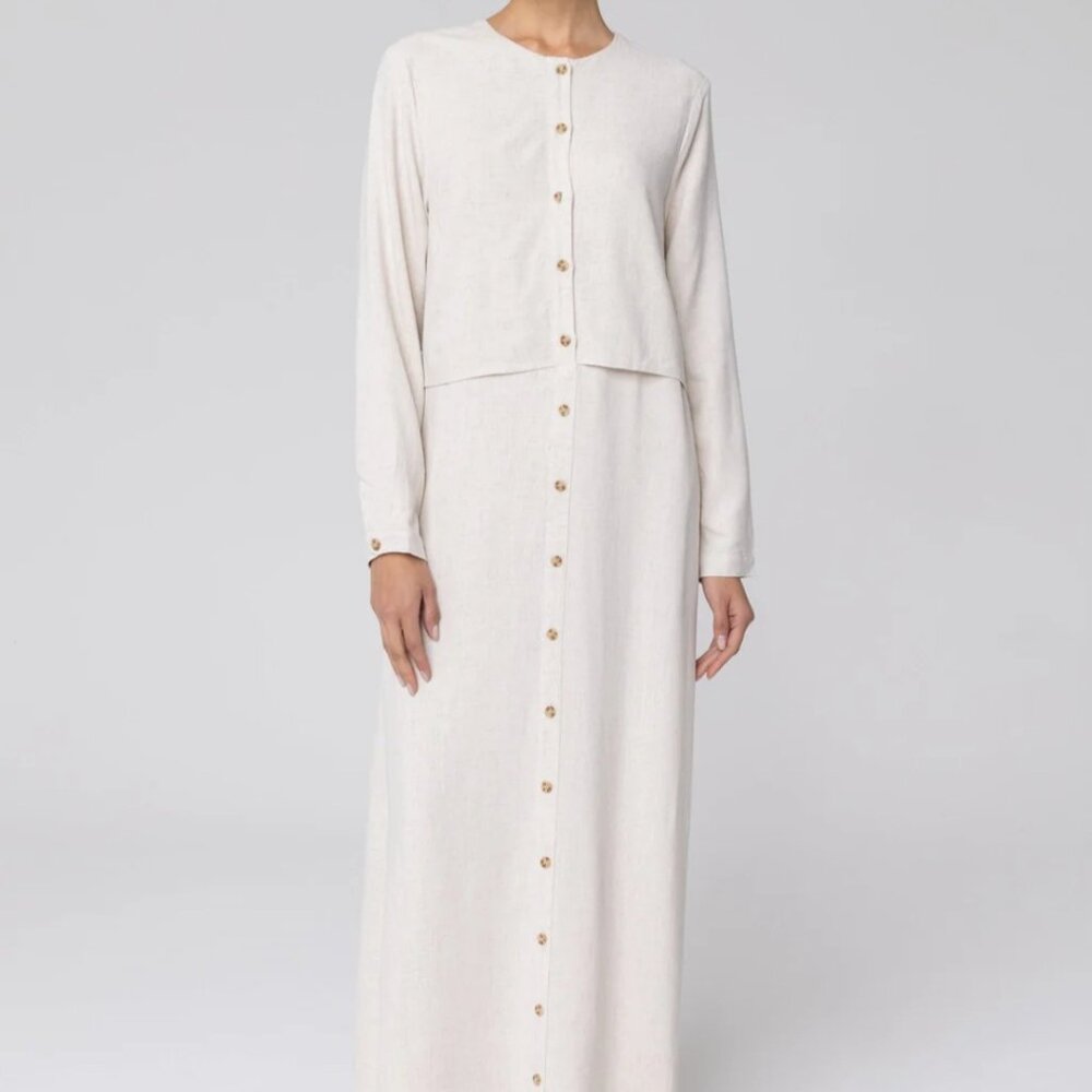 Veiled collection Sabah Cotton Linen Overlay Maxi Shirt Dress - Off White